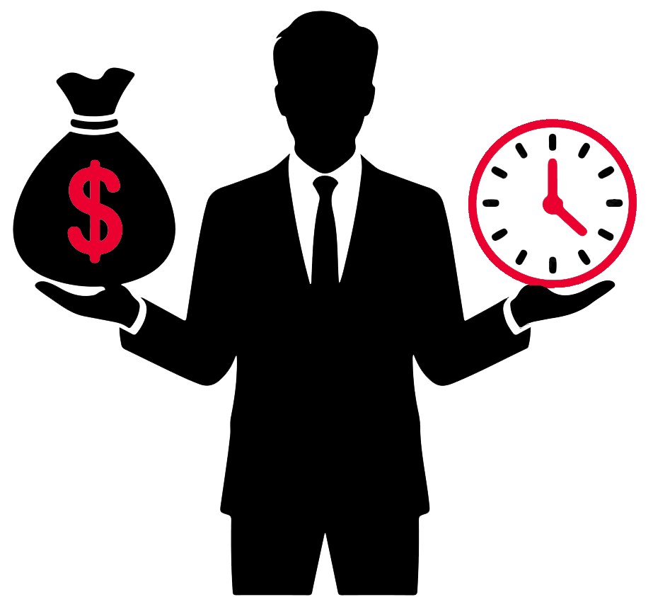Restaurant franchise owner silhouette holding money and time